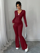 Hooded Zipper Long Sleeved Sports Style Top And Flared Pants Two-Piece Set